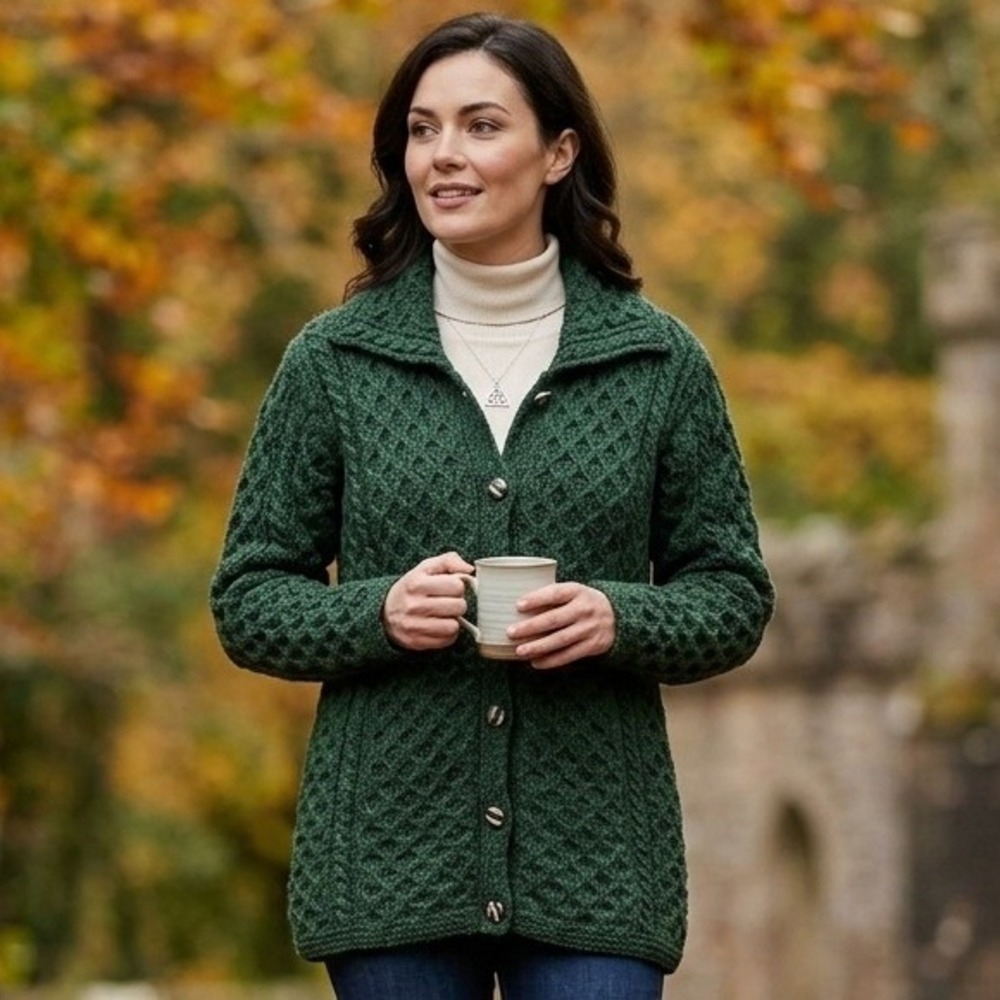 Blarney Woollen Mills Aran Cardigan Fisherman Large Green Wool Made Ireland Cozy